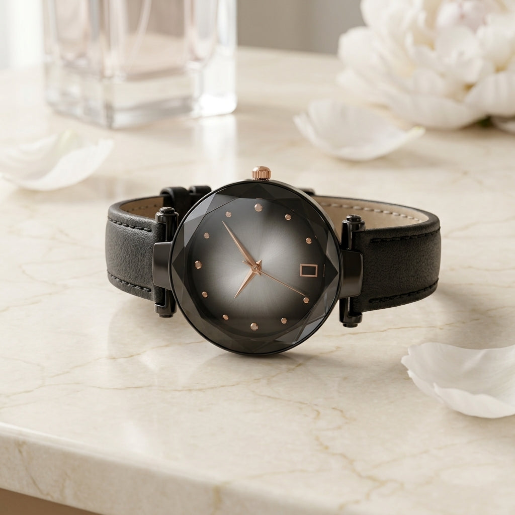 Montre Femme Ciel Étoilé Verre Facetté Maille – boîtier et bracelet noirs, cadran noir dégradé