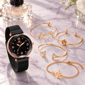 Coffret Montre Femme Ciel Étoilé et Joncs Dorés