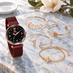 Coffret Montre Femme Ciel Étoilé et Joncs Dorés – maille bordeaux + 4 joncs dorés