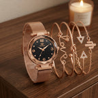 Coffret Montre Femme Ciel Étoilé et Joncs Dorés – maille or rose + 4 joncs dorés