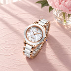 Montre Femme Céramique Cadran Nacré – or rose et céramique blanche, cadran nacré blanc