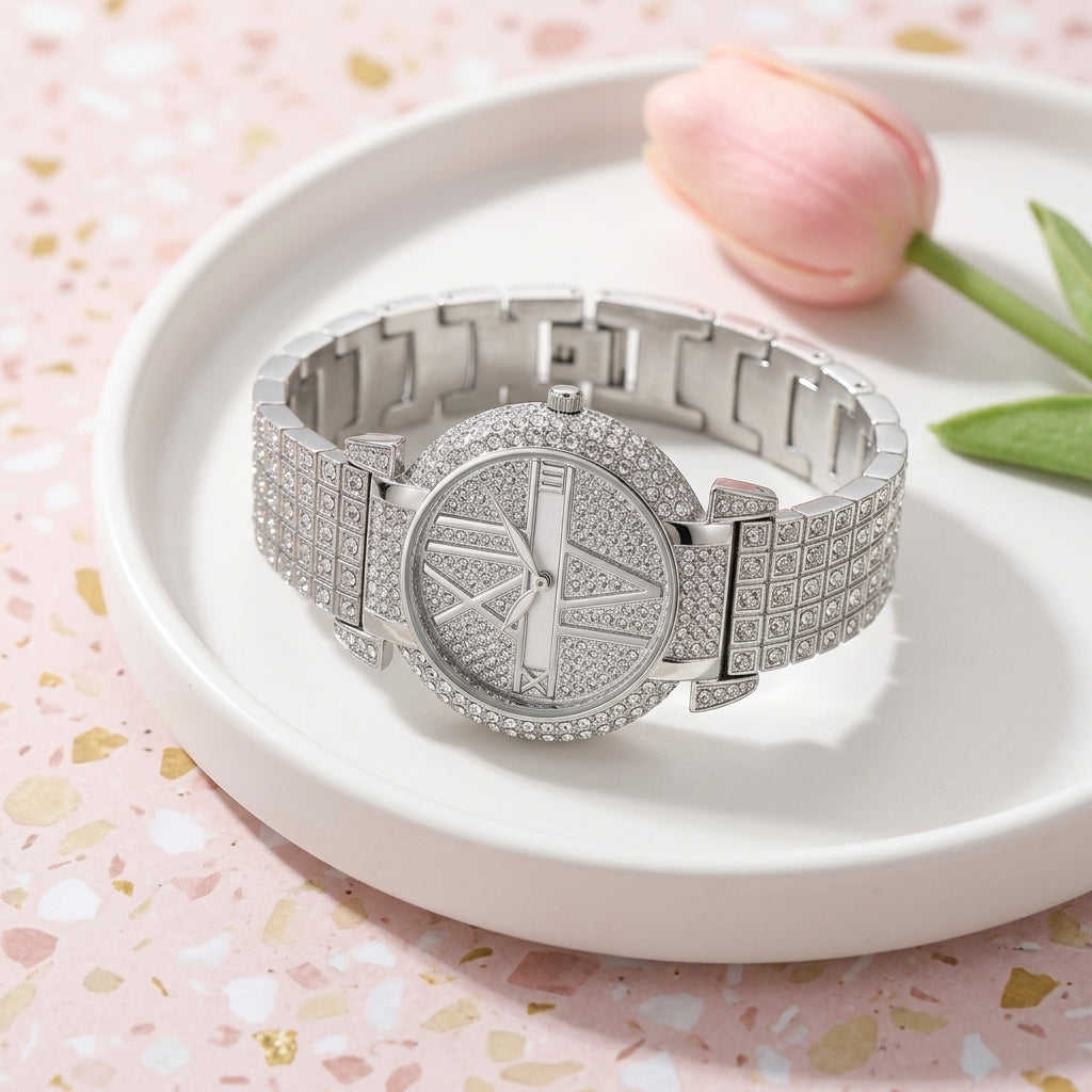 Montre Femme Pavée de Strass Chiffres Romains – argent, entièrement pavée de strass