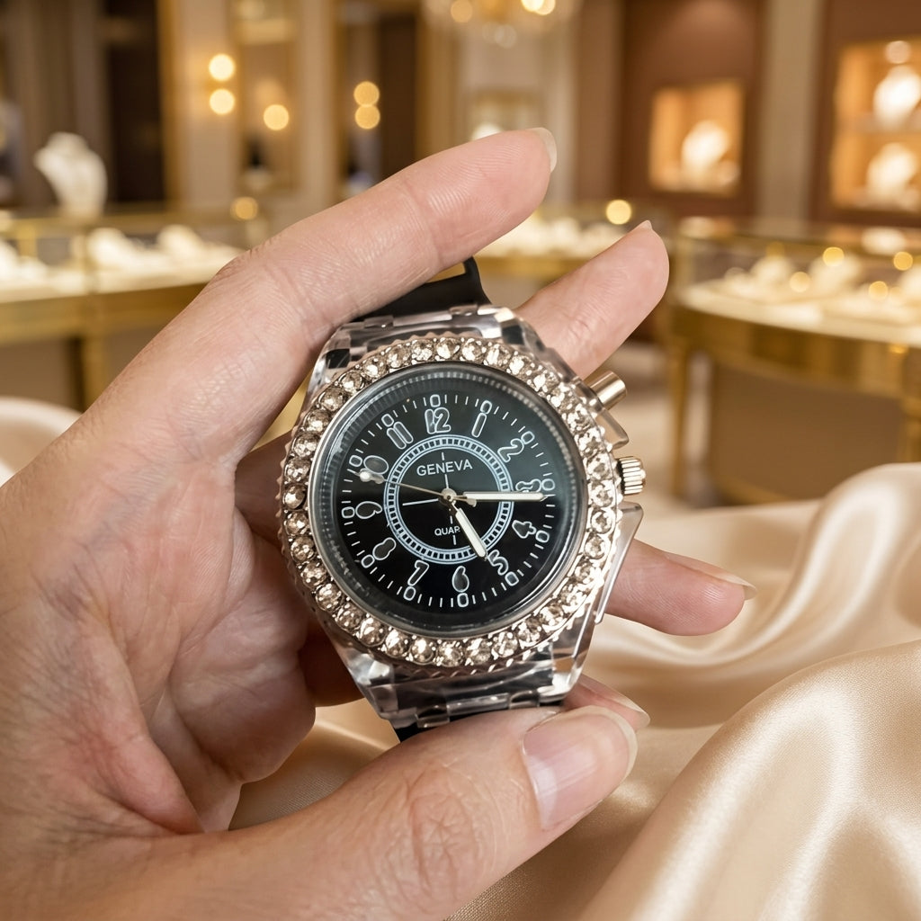 Montre Femme Silicone Cadran Lumineux – bracelet et cadran noir, portée au poignet