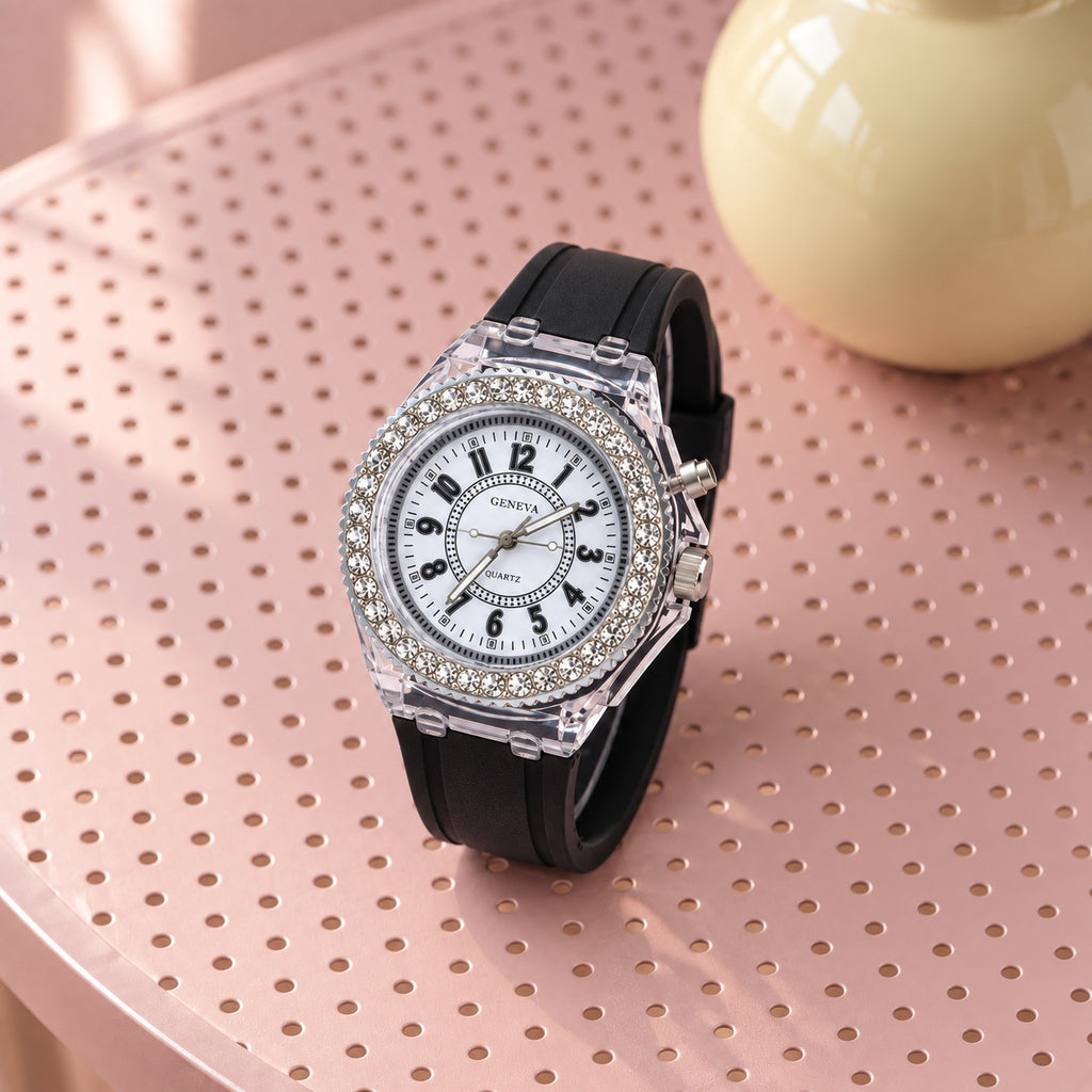 Montre Femme Silicone Cadran Lumineux – bracelet noir, cadran blanc