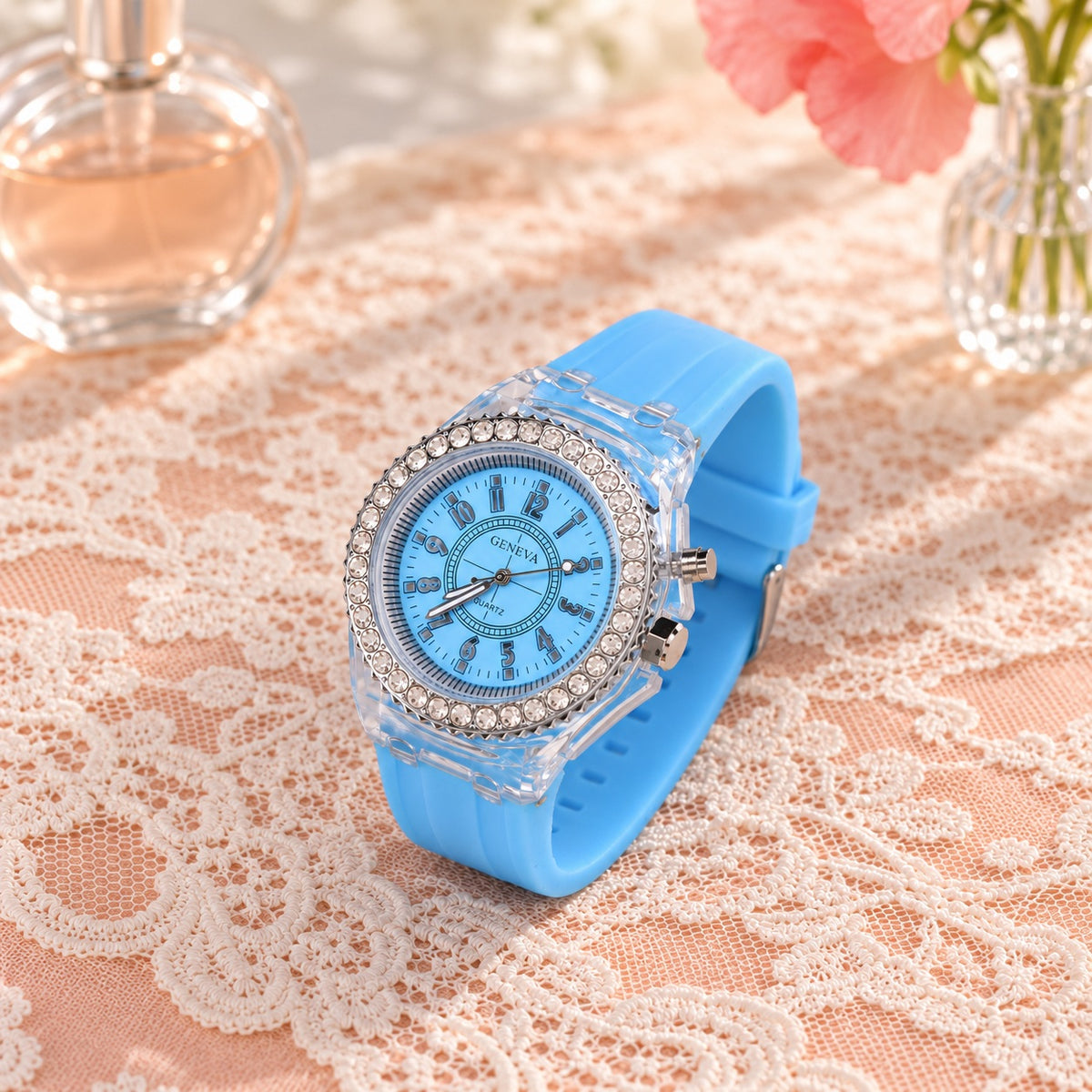 Montre Femme Silicone Cadran Lumineux – bracelet et cadran bleu ciel