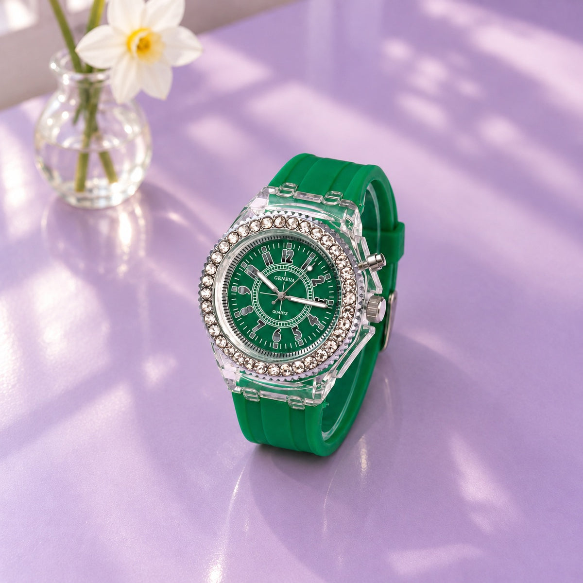 Montre Femme Silicone Cadran Lumineux – bracelet et cadran vert