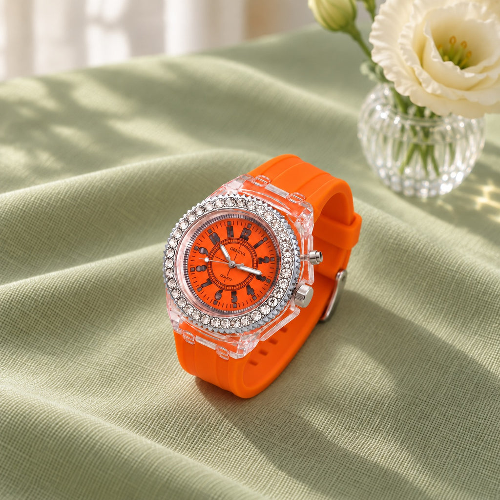 Montre Femme Silicone Cadran Lumineux – bracelet et cadran orange