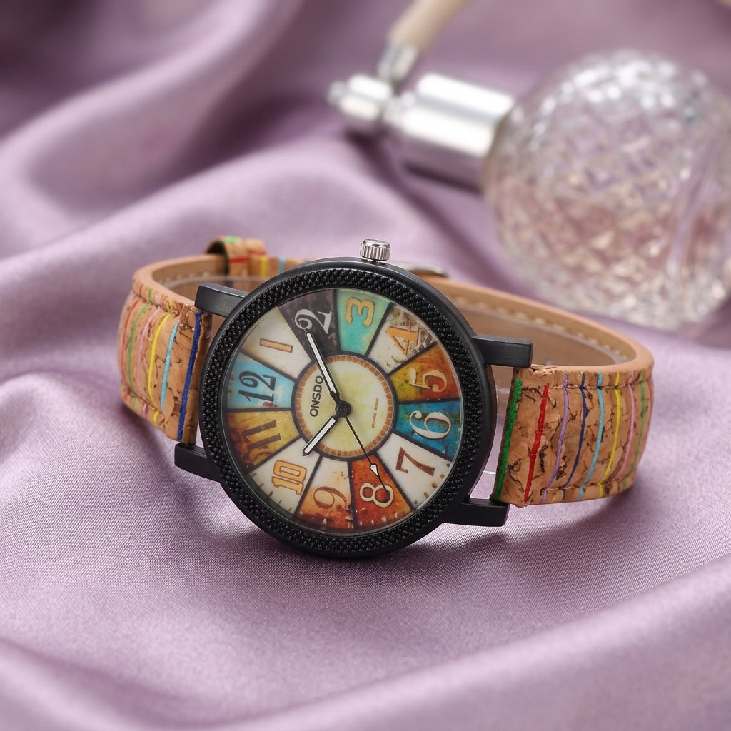 Montre Femme Vintage Cadran Multicolore – cadran multicolore, bracelet rayé bois coloré