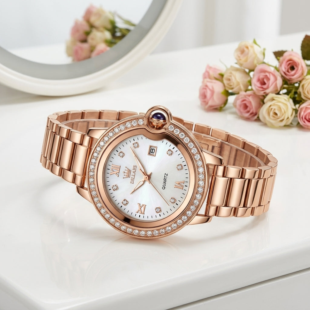 Montre Femme Or Rose Strass Cadran Nacré – cadran blanc, acier or rose