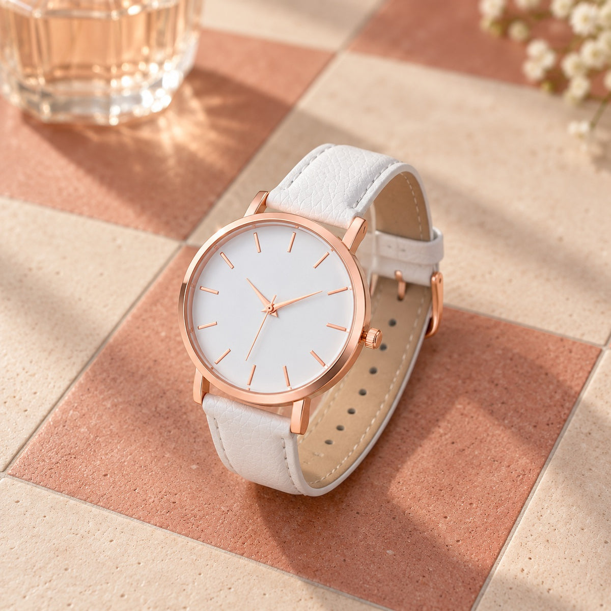 Montre Femme Minimaliste Cuir Or Rose – bracelet blanc, index bâtons