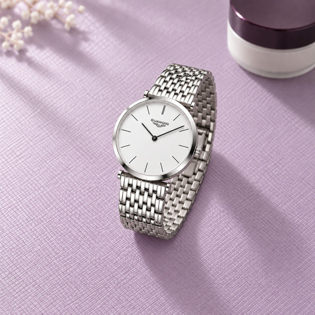 Montre Femme Extra-Plate Acier Bicolore – argent, cadran blanc, index bâtons