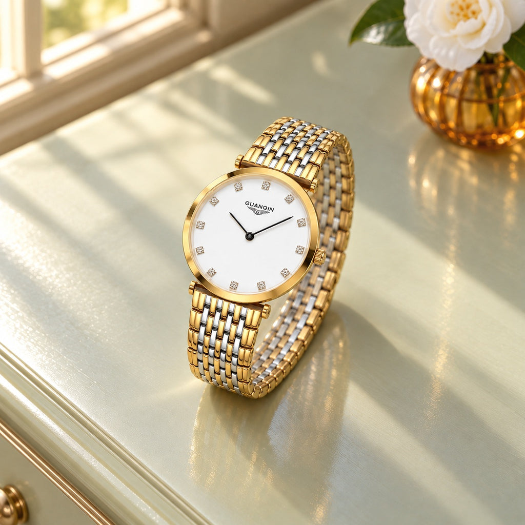 Montre Femme Extra-Plate Acier Bicolore – or, cadran blanc, index strass