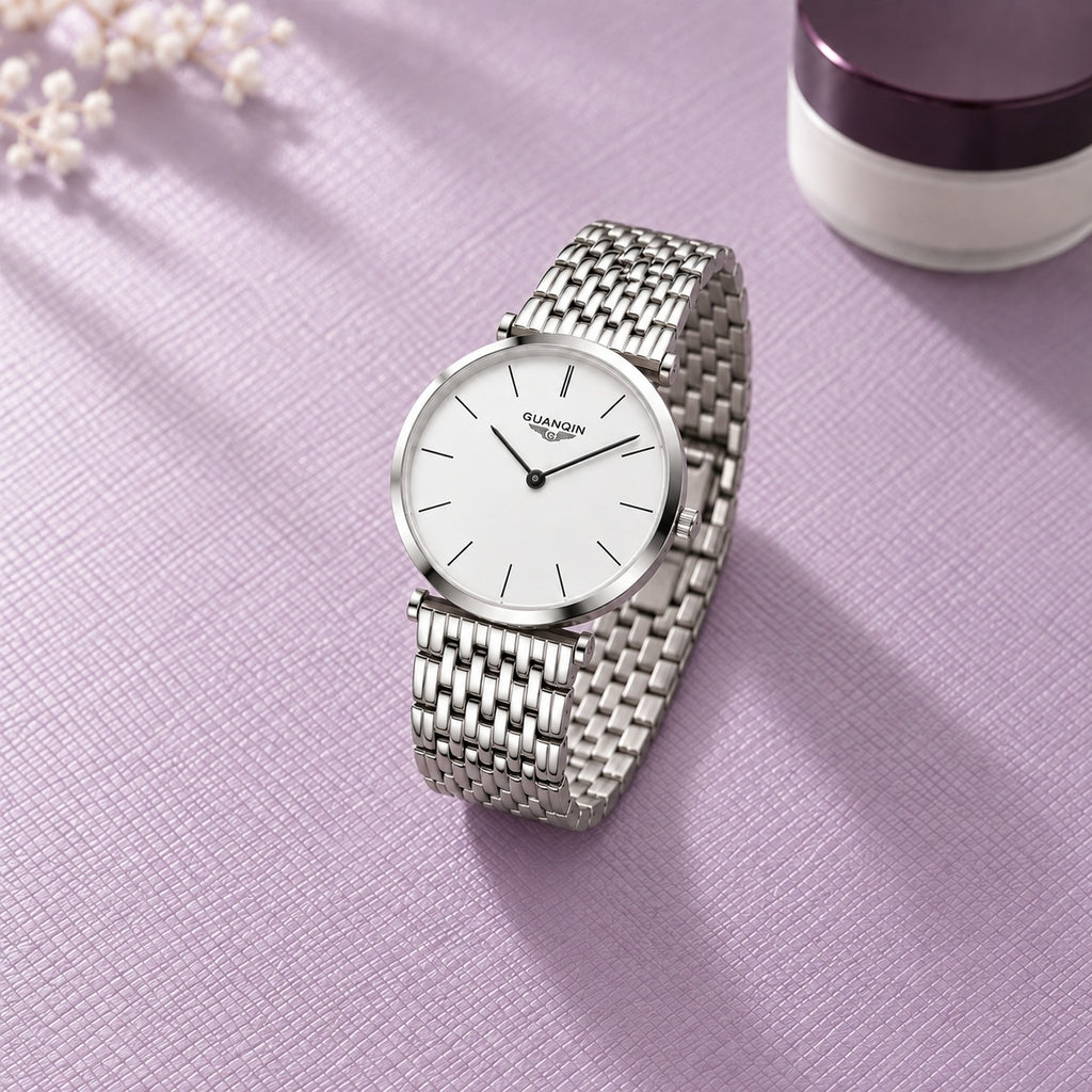 Montre Femme Extra-Plate Acier Bicolore – argent, cadran blanc, index bâtons