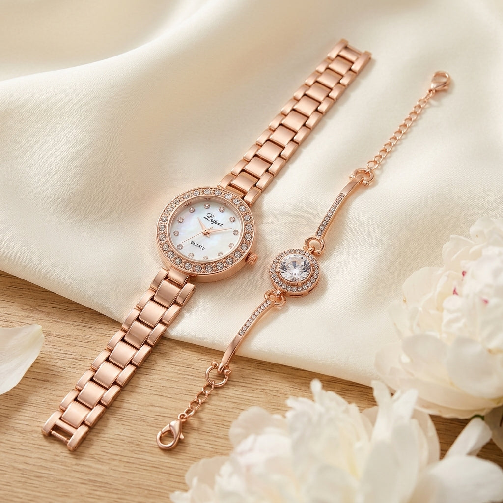 Montre Femme Strass et Bracelet Assorti – coffret or rose cadran blanc + bracelet jonc or rose