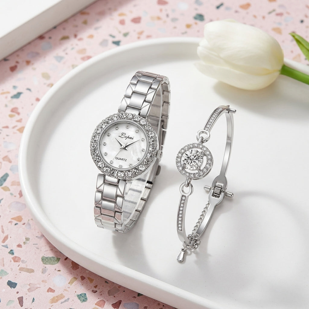 Montre Femme Strass et Bracelet Assorti – coffret argent cadran blanc + bracelet jonc argent