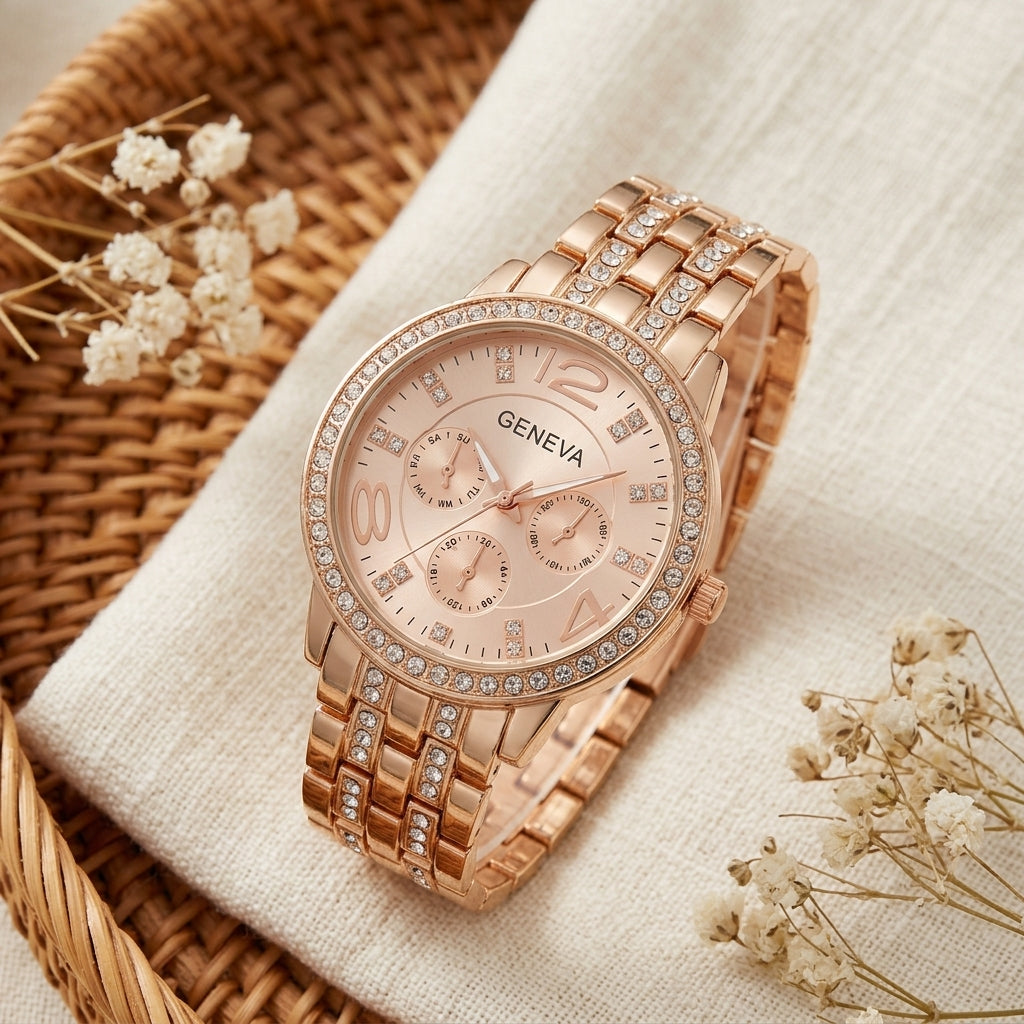 Montre Femme Strass Style Chronographe – or rose, cadran rosé