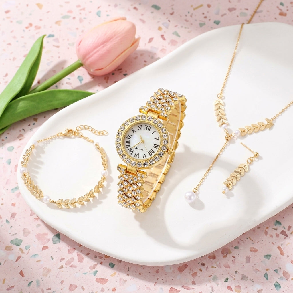 Parure Femme Montre Strass et Bijoux Assortis – parure 1 or : montre + bracelet feuilles + collier perle + boucles perle