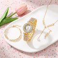 Parure Femme Montre Strass et Bijoux Assortis – parure 1 or : montre + bracelet feuilles + collier perle + boucles perle