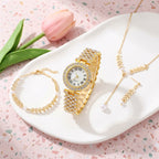 Parure Femme Montre Strass et Bijoux Assortis – parure 1 or : montre + bracelet feuilles + collier perle + boucles perle
