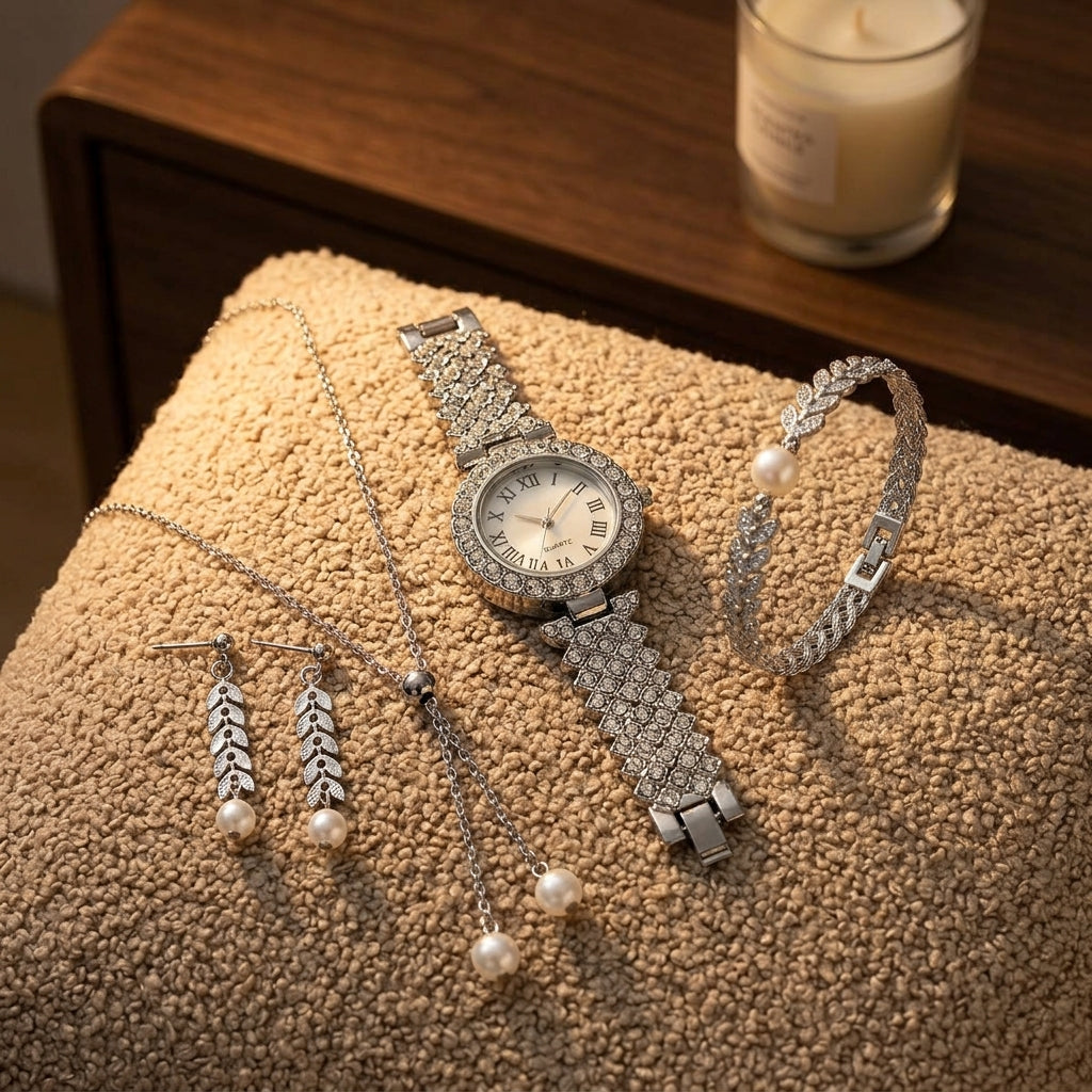 Parure Femme Montre Strass et Bijoux Assortis – parure 1 argent : montre + bracelet feuilles + collier perle + boucles perle