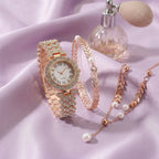 Parure Femme Montre Strass et Bijoux Assortis – parure 1 or rose : montre + bracelet feuilles + collier + boucles