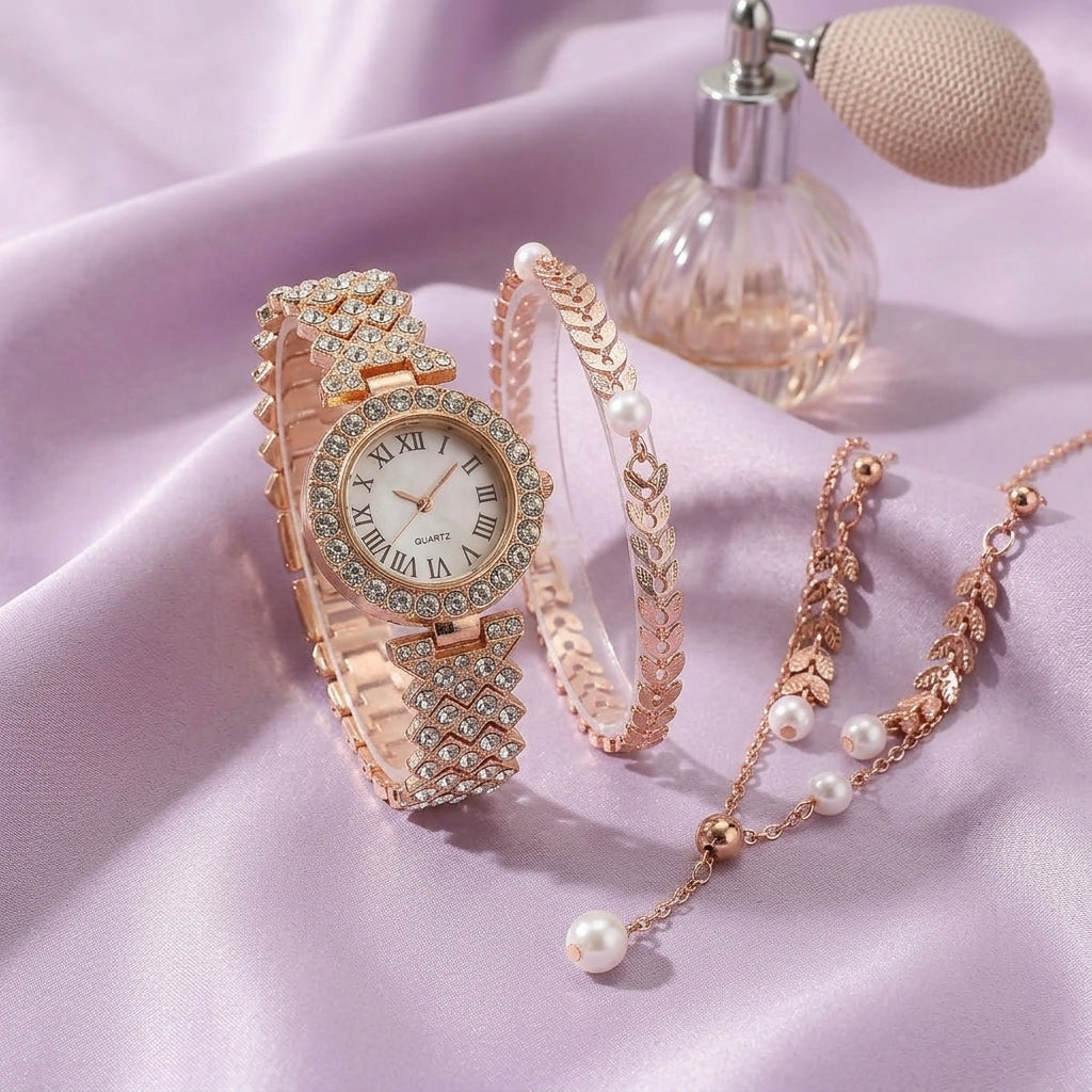 Parure Femme Montre Strass et Bijoux Assortis – parure 1 or rose : montre + bracelet feuilles + collier + boucles