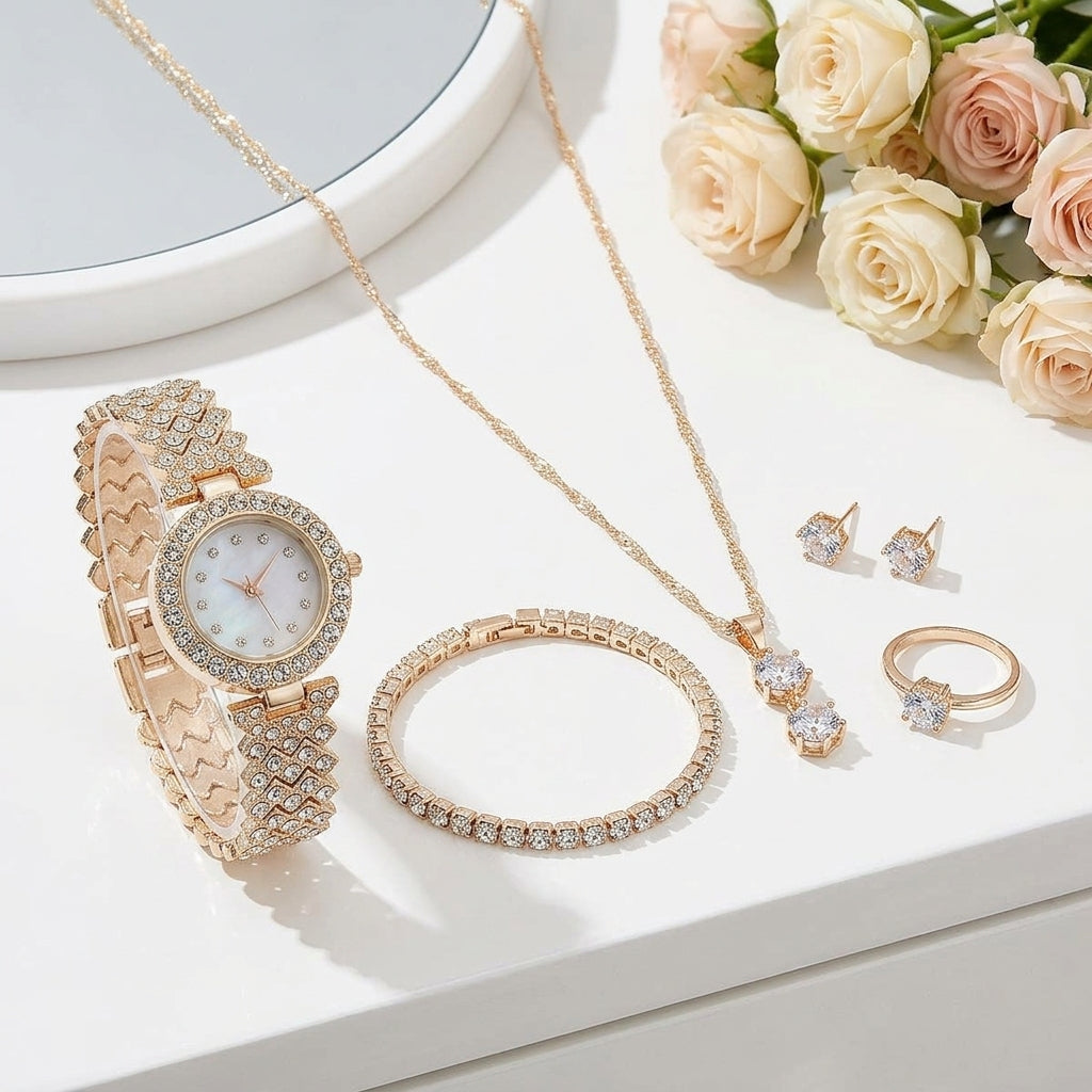Parure Femme Montre Strass et Bijoux Assortis – parure 2 or/champagne : montre + bracelet rivière + collier pendentif + puces