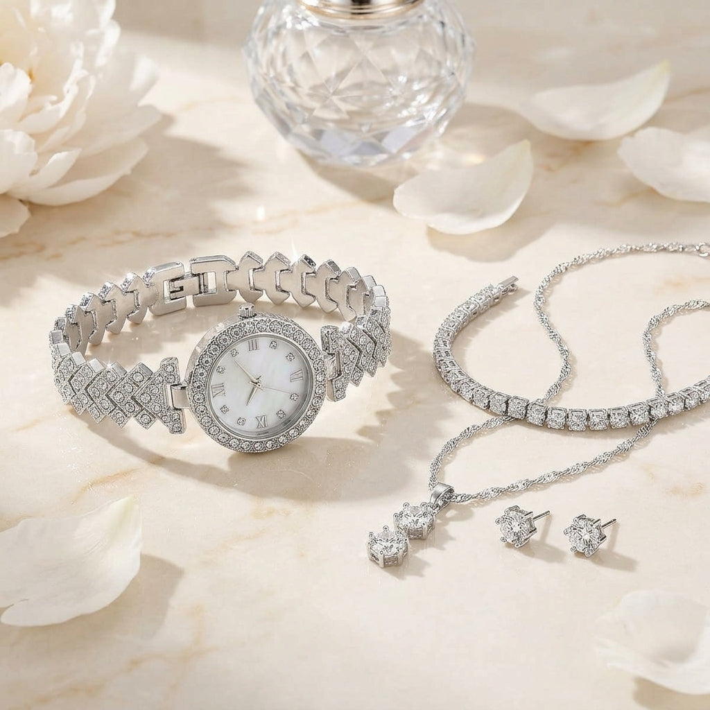 Parure Femme Montre Strass et Bijoux Assortis – parure 2 argent : montre + bracelet rivière + collier pendentif + puces