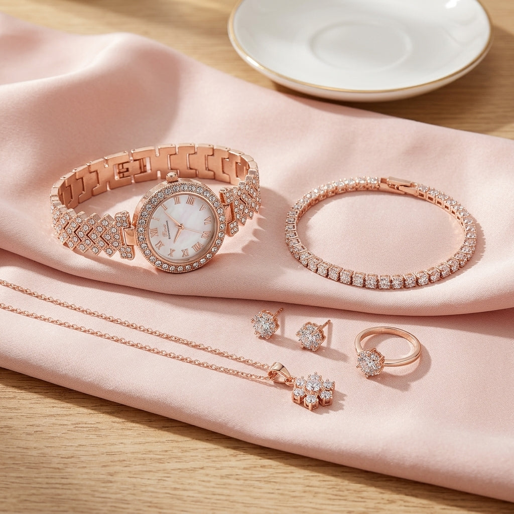 Parure Femme Montre Strass et Bijoux Assortis – parure 2 or rose : montre + bracelet rivière + collier pendentif + puces