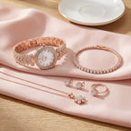 Parure Femme Montre Strass et Bijoux Assortis – parure 2 or rose : montre + bracelet rivière + collier pendentif + puces