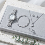 Parure Femme Montre Strass et Bijoux Assortis – parure 3 argent : montre + bracelet + collier + puces + bague