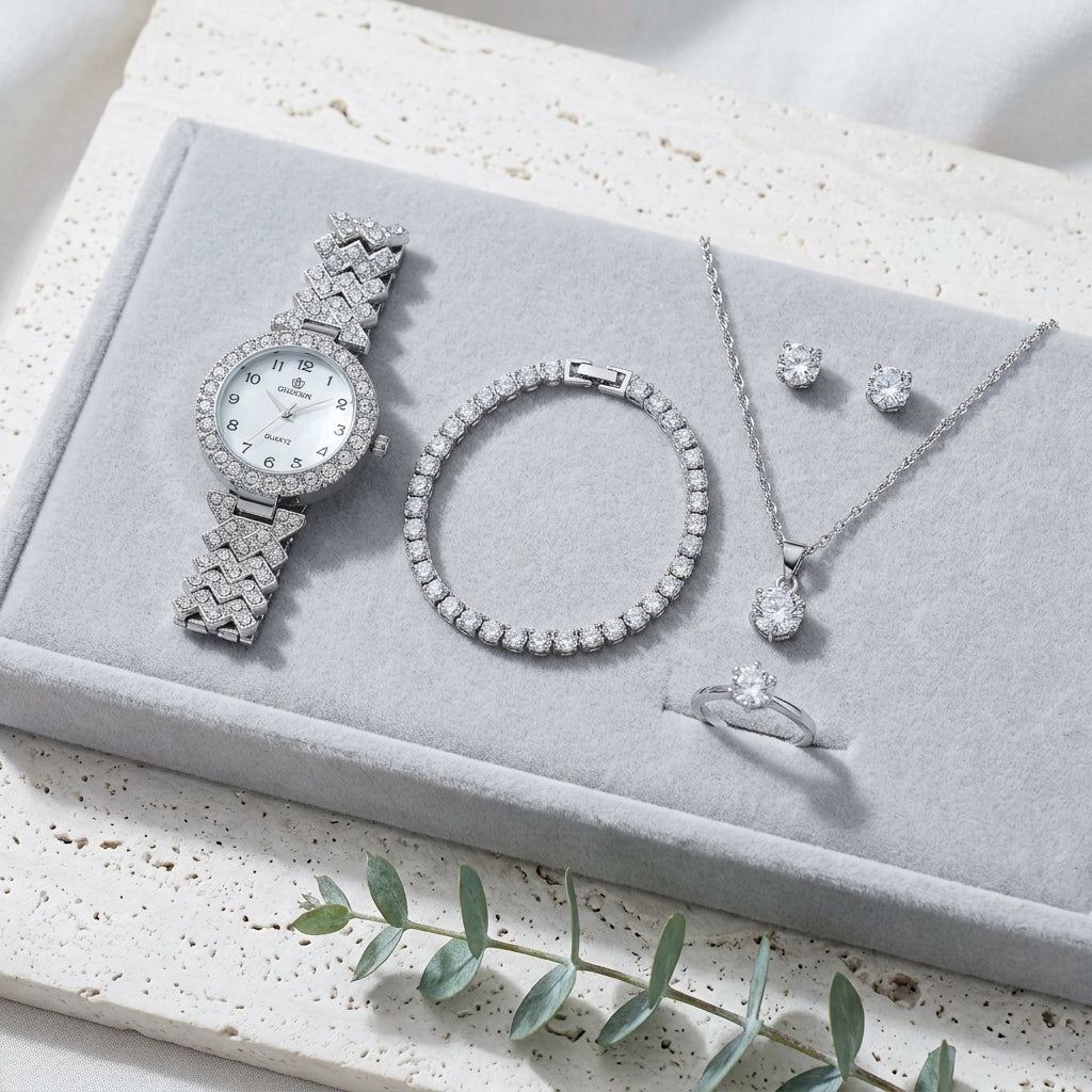 Parure Femme Montre Strass et Bijoux Assortis – parure 3 argent : montre + bracelet + collier + puces + bague