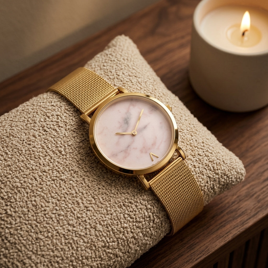 Montre Femme Cadran Marbre Maille Milanaise – or, cadran marbre rose pâle
