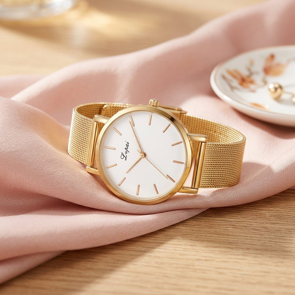 Montre Femme Cadran Marbre Maille Milanaise – or, cadran blanc logo Lvpai