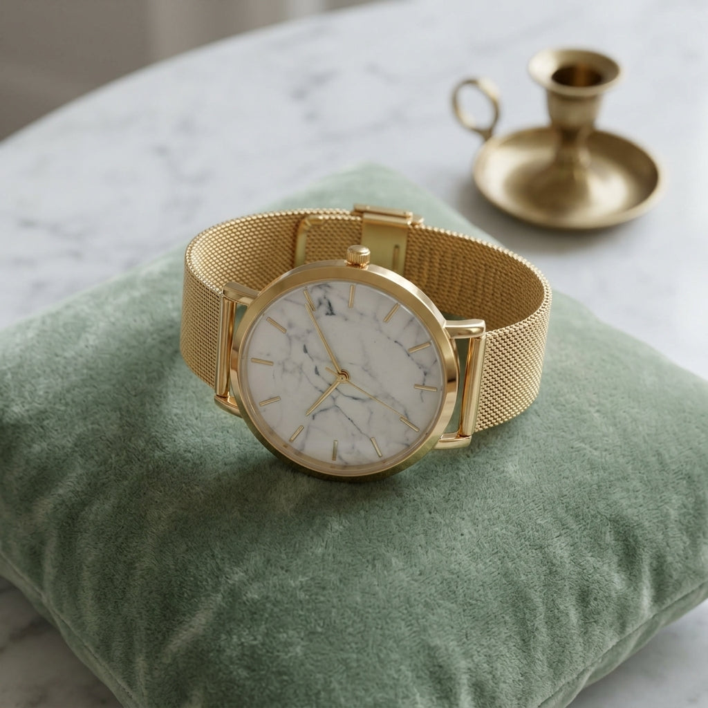 Montre Femme Cadran Marbre Maille Milanaise – or, cadran marbre blanc