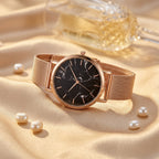 Montre Femme Cadran Marbre Maille Milanaise – or rose, cadran marbre noir