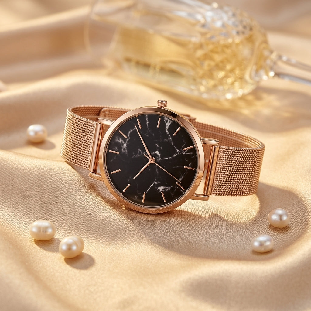 Montre Femme Cadran Marbre Maille Milanaise – or rose, cadran marbre noir