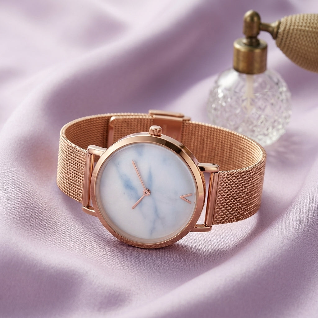 Montre Femme Cadran Marbre Maille Milanaise – or rose, cadran marbre rose pâle