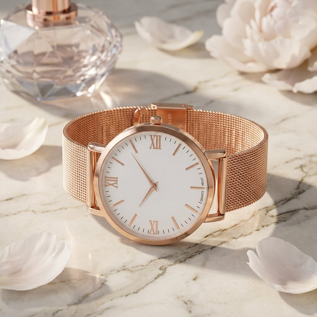 Montre Femme Cadran Marbre Maille Milanaise – or rose, cadran blanc XII romain