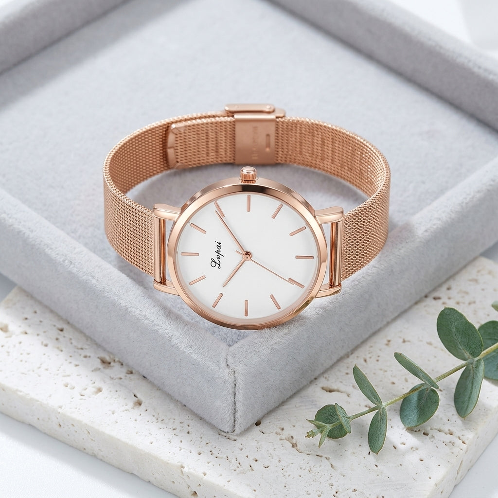 Montre Femme Cadran Marbre Maille Milanaise – or rose, cadran blanc logo Lvpai