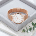 Montre Femme Cadran Marbre Maille Milanaise – or rose, cadran blanc logo Lvpai
