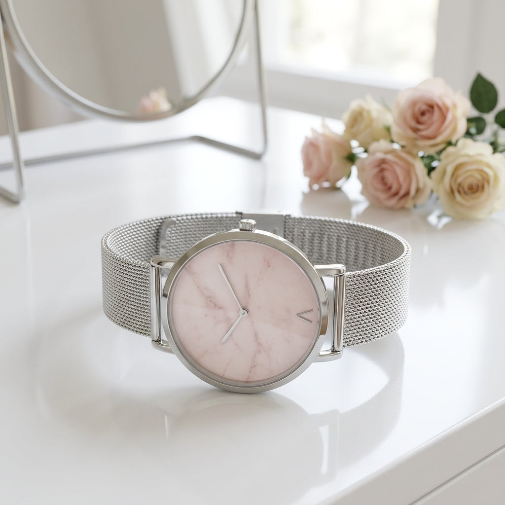 Montre Femme Cadran Marbre Maille Milanaise – argent, cadran marbre rose pâle