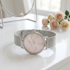 Montre Femme Cadran Marbre Maille Milanaise – argent, cadran marbre rose pâle