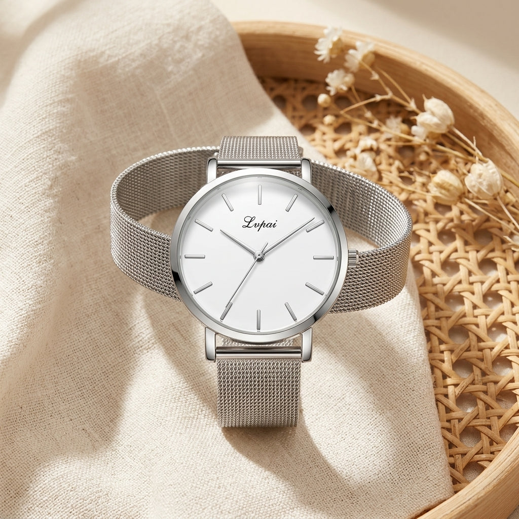 Montre Femme Cadran Marbre Maille Milanaise – argent, cadran blanc logo Lvpai