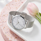 Montre Femme Cadran Marbre Maille Milanaise – argent, cadran marbre blanc
