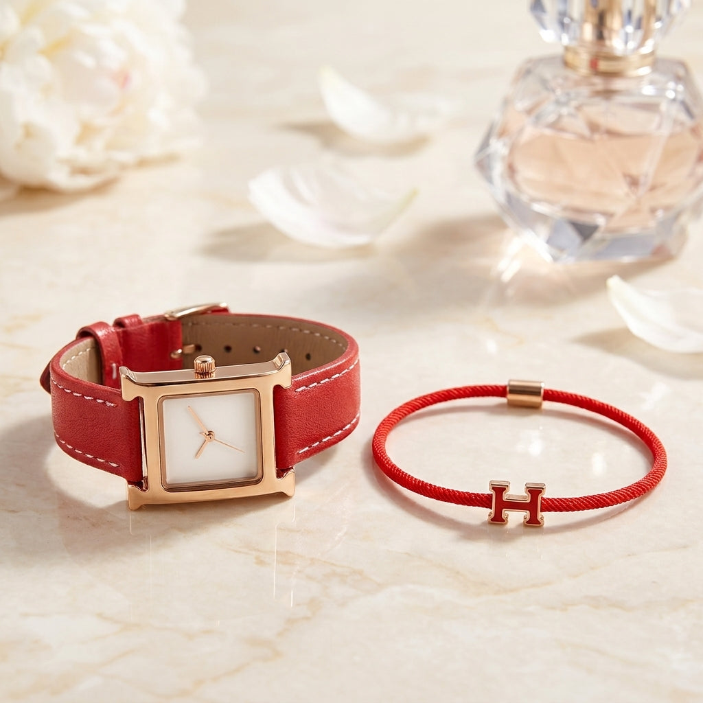 Coffret Montre Femme et Bracelet Saint-Valentin – montre carrée dorée cadran blanc cuir rouge + bracelet rouge