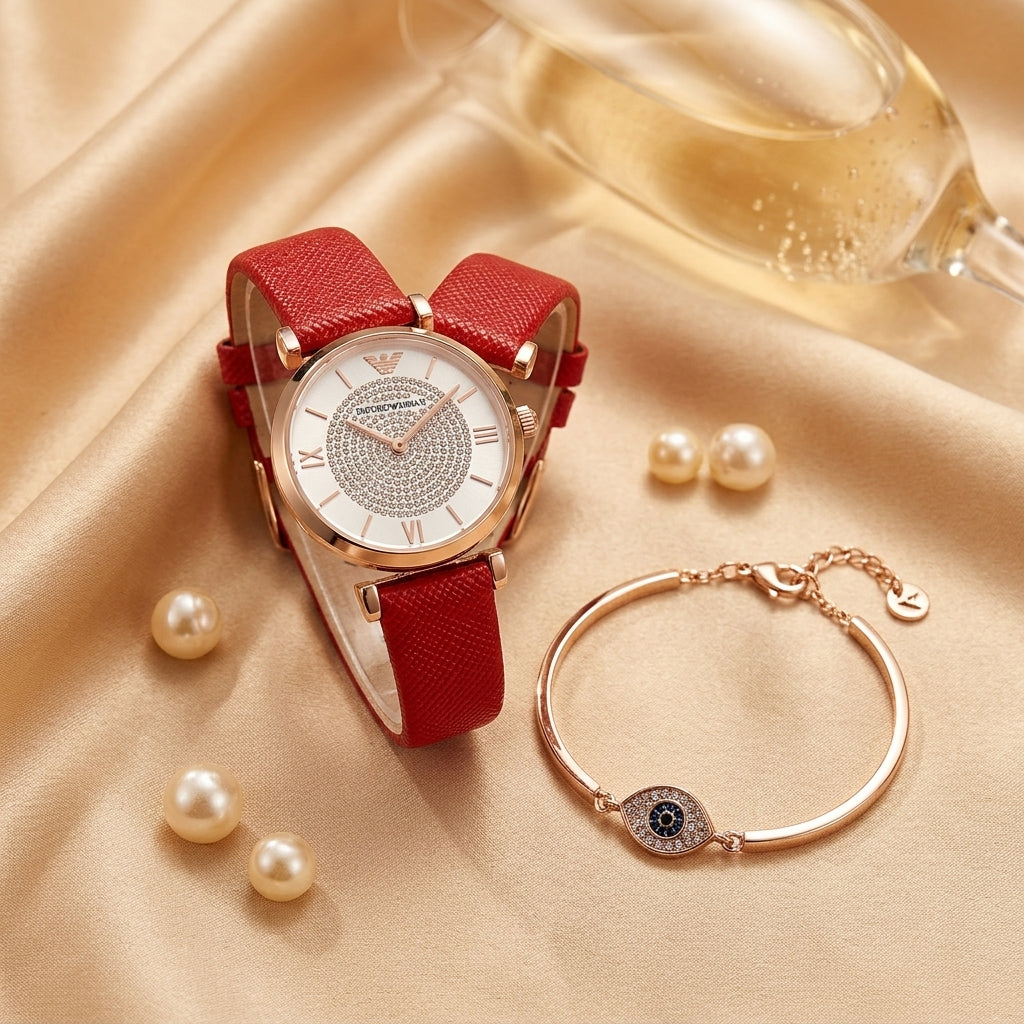 Coffret Montre Femme et Bracelet Saint-Valentin – montre cadran blanc strass bracelet cuir rouge + bracelet breloque