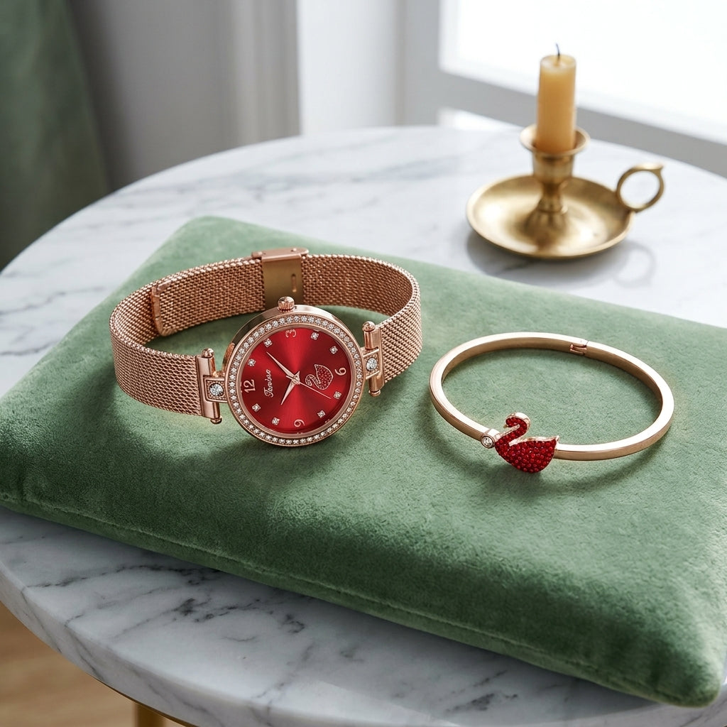 Coffret Montre Femme et Bracelet Saint-Valentin – montre cadran rouge maille or rose + bracelet cœur rouge