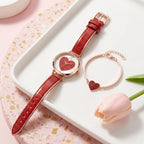 Coffret Montre Femme et Bracelet Saint-Valentin – montre cadran cœur rouge bracelet cuir rouge + bracelet cœur