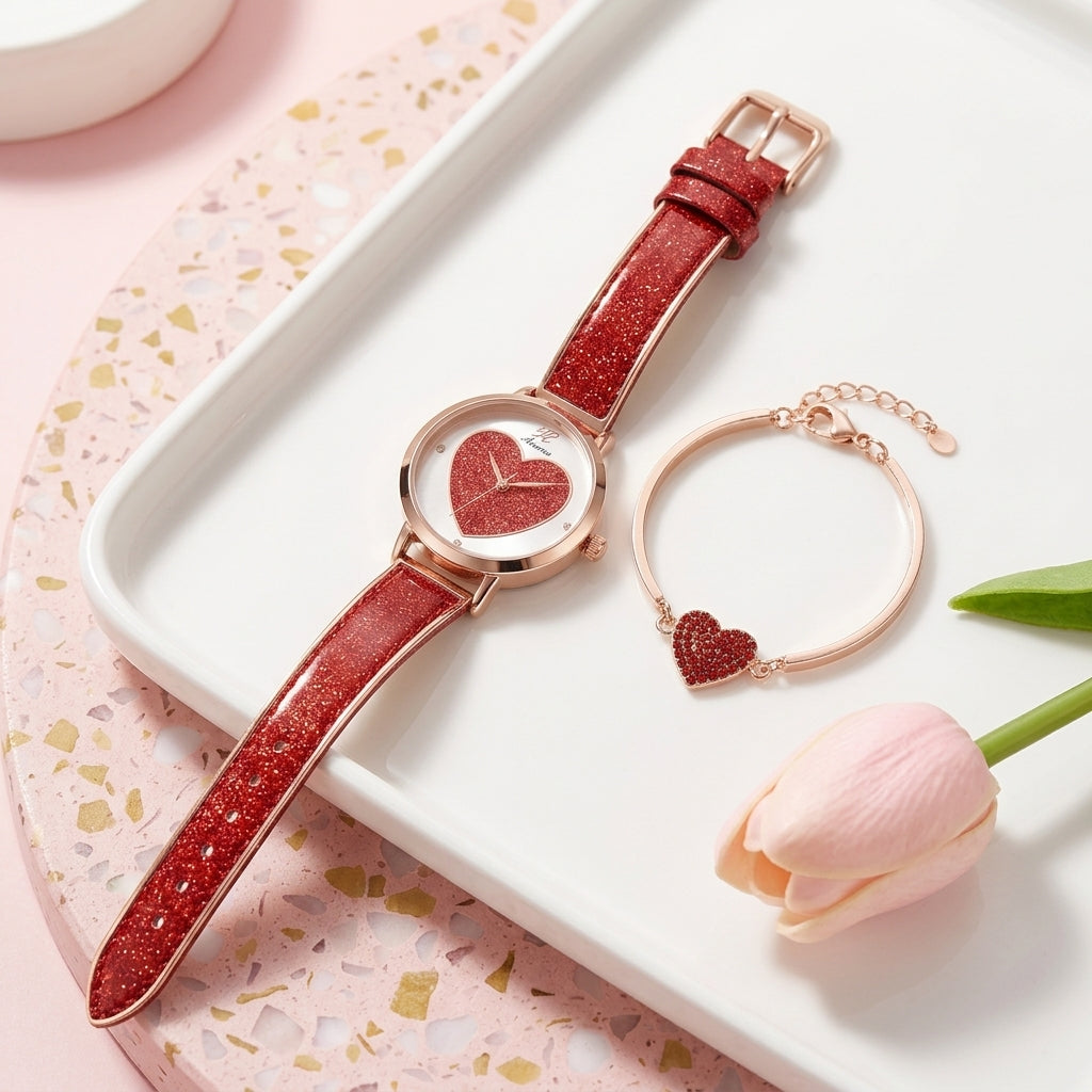 Coffret Montre Femme et Bracelet Saint-Valentin – montre cadran cœur rouge bracelet cuir rouge + bracelet cœur
